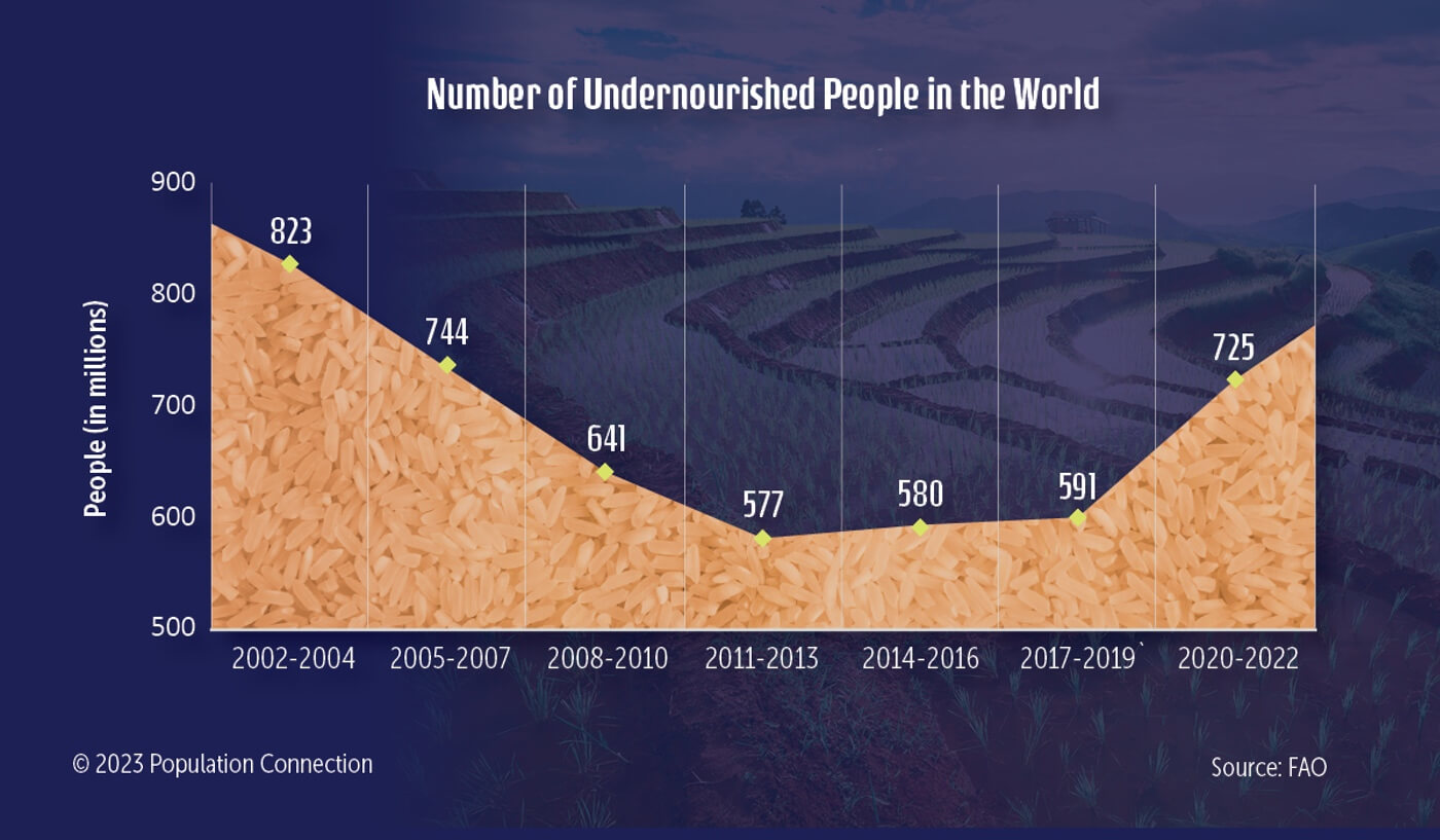 A graph that shows the number of undernourished people in the world divided by every two years from 2002 to 2022