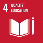 dark red image with an icon of a book and a pencil with the number 4 and "quality education" text