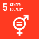 red image with an icon of merged male and female symbols with the number 5 and "gender equality" text