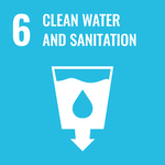 blue image with an icon of a draining water cup with the number 6 and "clean water and sanitation" text
