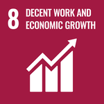 dark red image with an icon of a rising graph with the number 8 and "decent work and economic growth" text
